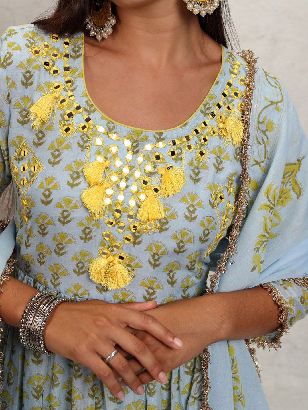 Vishudh Blue Floral Printed Mirror Work Pure Cotton Anarkali Kurta With Trousers & Dupatta