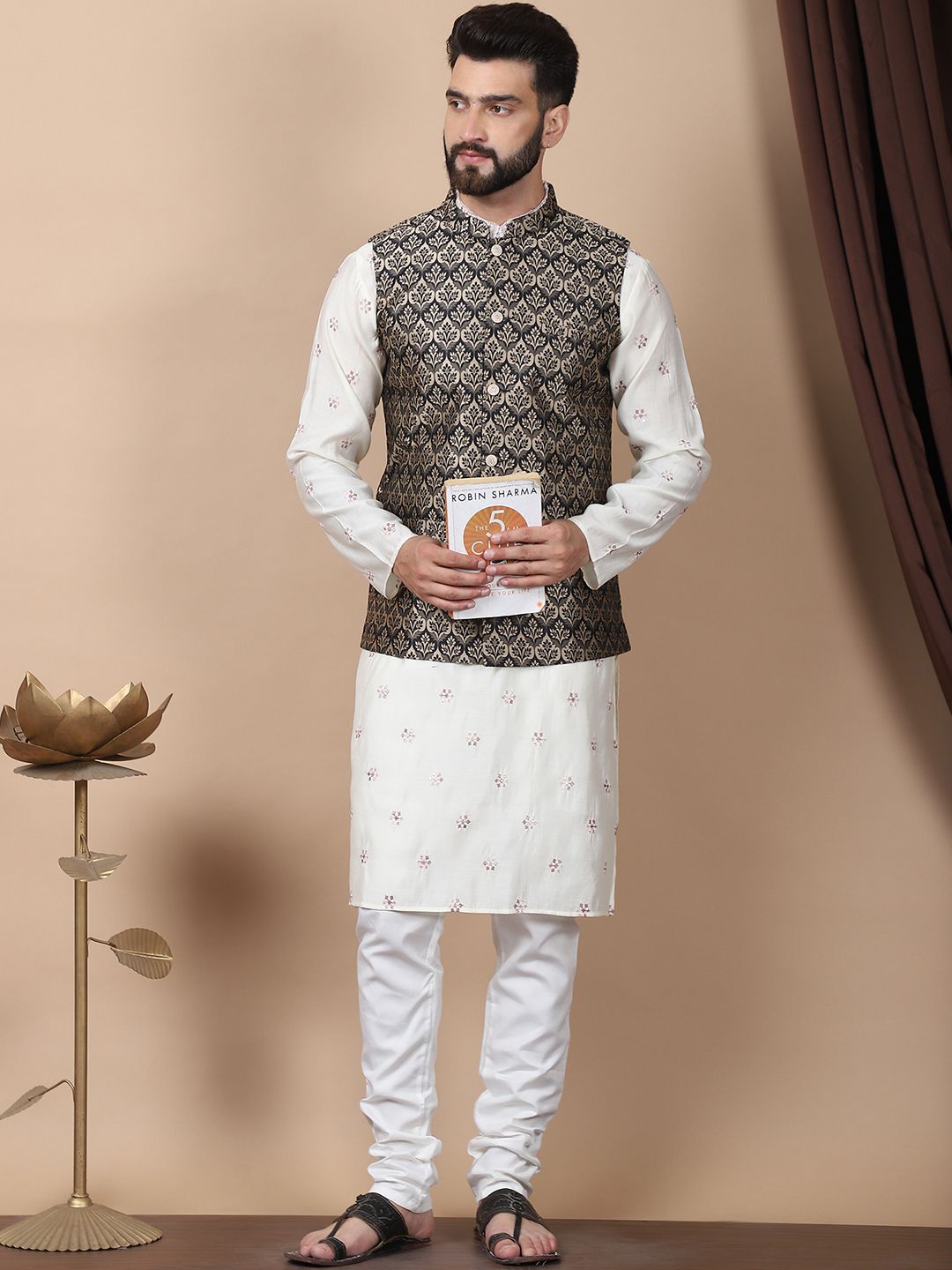 Anouk Cream-Coloured Floral Embroidered Cotton Silk Kurta with Churidar & Nehru Jacket