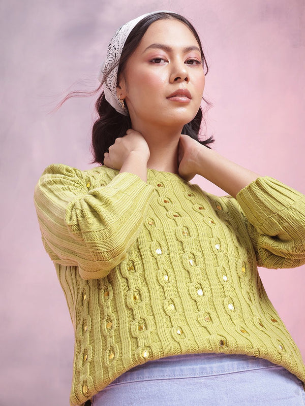 DressBerry Acrylic Cable Knit Pullover with Embellished Detail