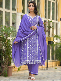Varanga Floral Embroidered Notch Neck Pure Cotton Kurta With Trousers & Dupatta