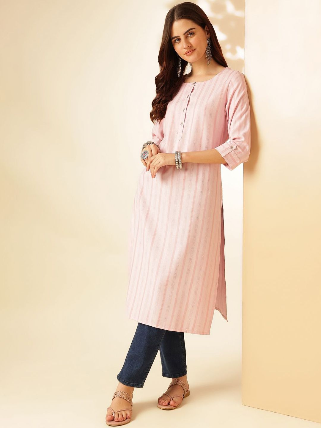 Anouk Pink Striped Self Design Round Neck Regular Straight Kurta