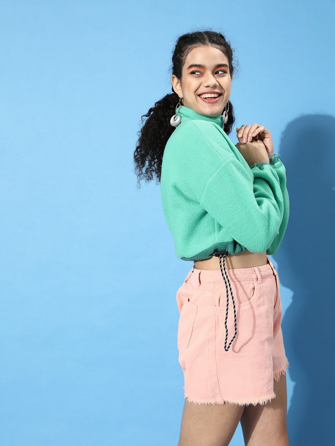 STREET 9 Women Enchanting Sea Green Solid Cropped Sweatshirt