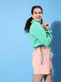 STREET 9 Women Enchanting Sea Green Solid Cropped Sweatshirt