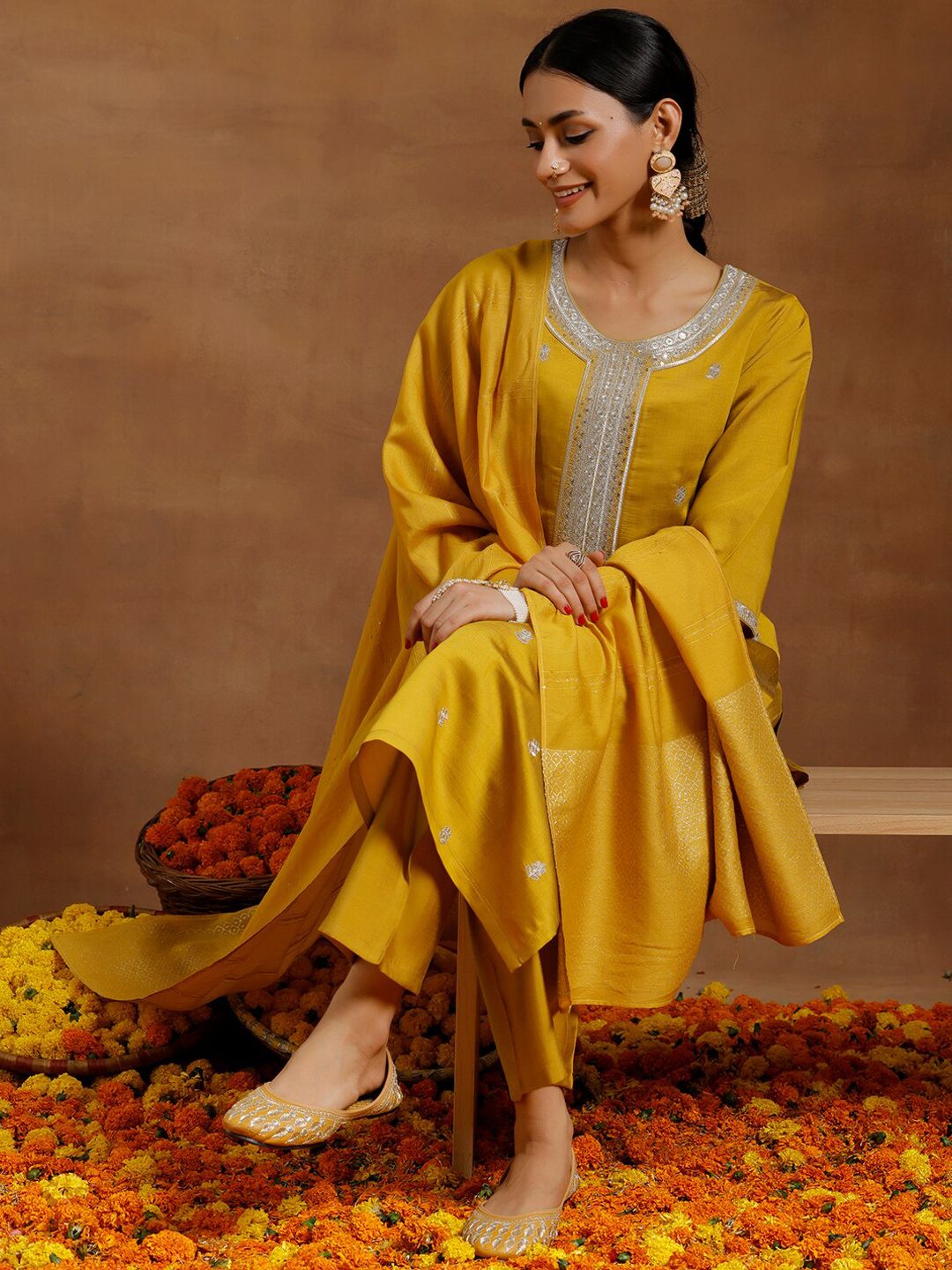 Libas Floral Embroidered Regular Sequinned Straight Kurta With Trousers & Dupatta