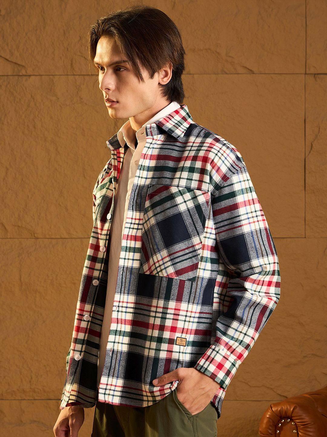 DENNISON Men Double Pocket Drop Shoulder Oversized Cotton Checked Shacket