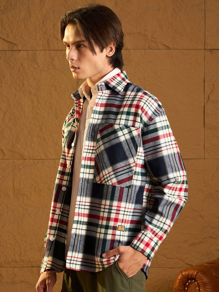 DENNISON Men Double Pocket Drop Shoulder Oversized Cotton Checked Shacket
