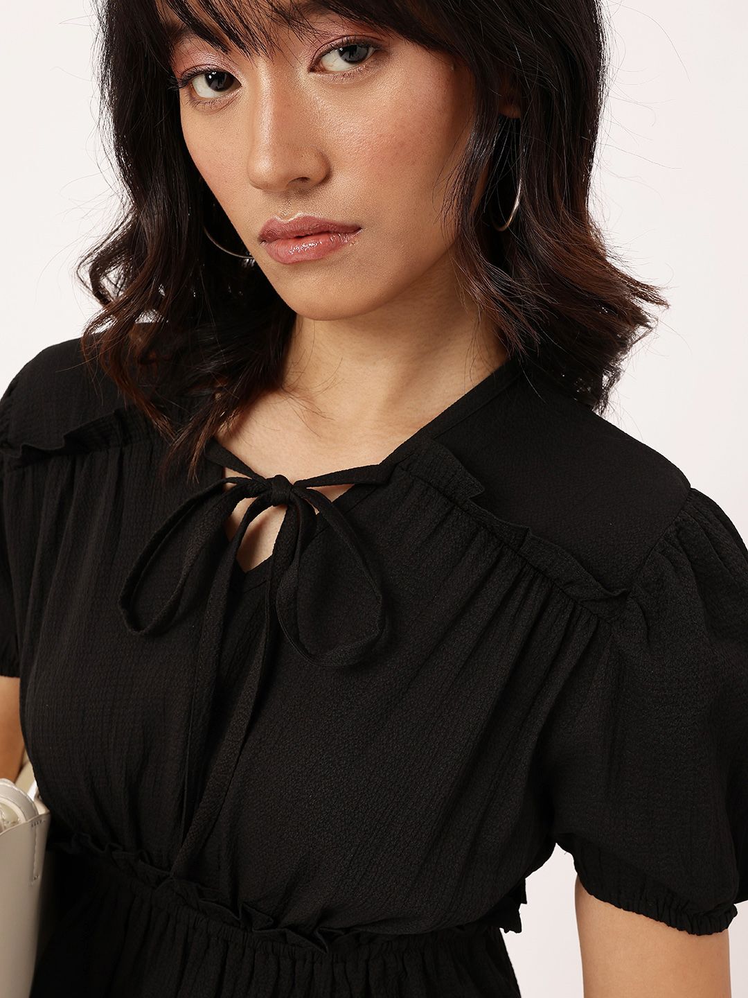DressBerry Tie-Up Seersucker Ruched Peplum Crop Top