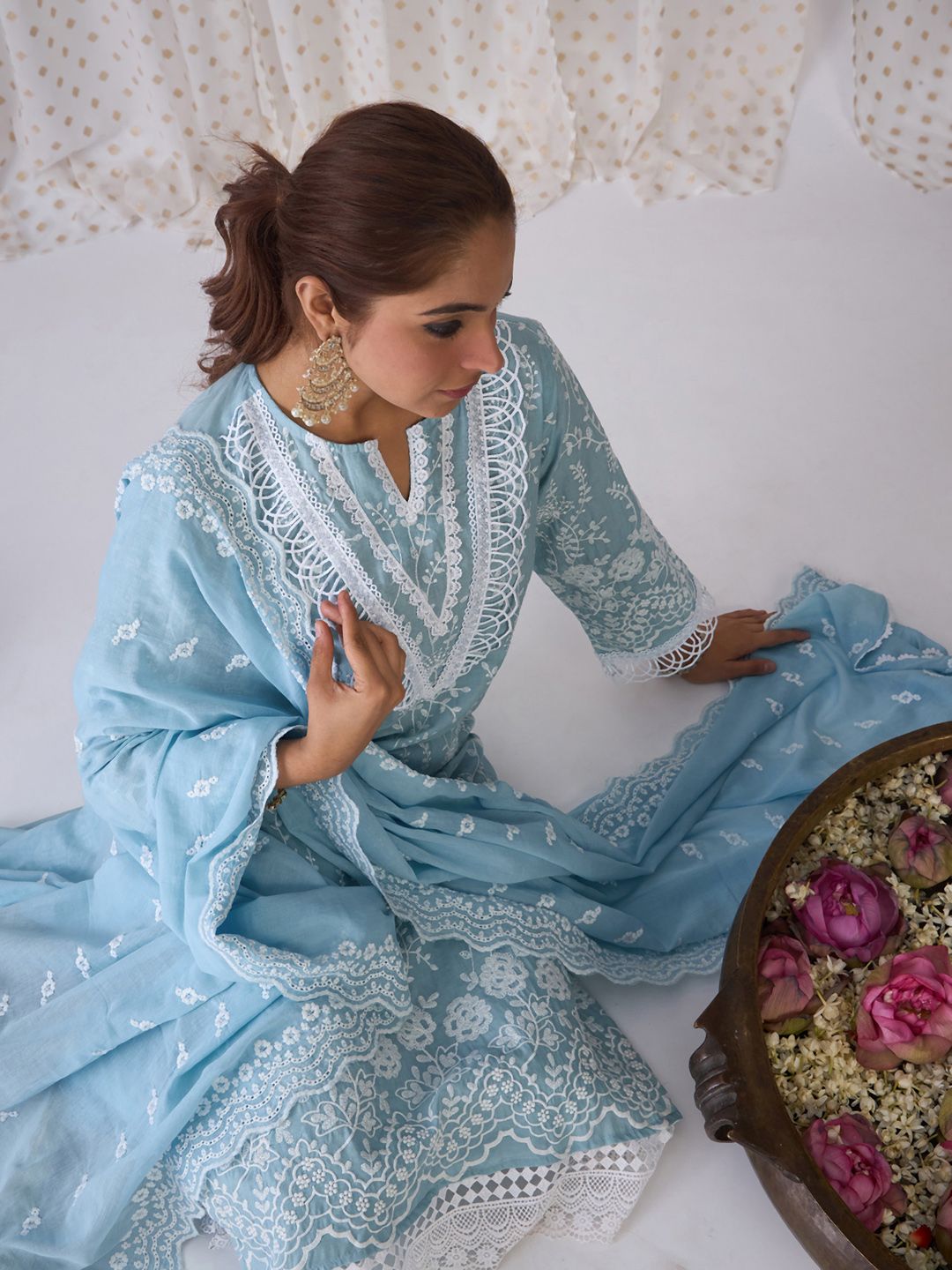 Indo Era Floral Embroidered Regular Thread Work Pure Cotton Kurta with Trousers & Dupatta
