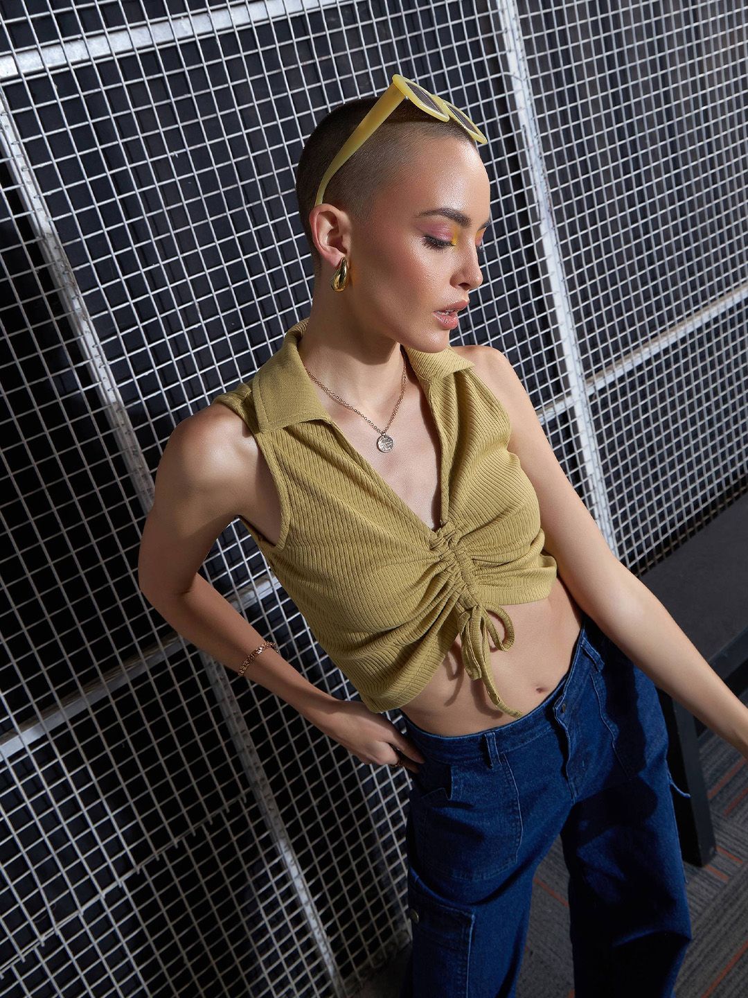 SASSAFRAS Khaki Lace-Up Shirt Style Crop Top