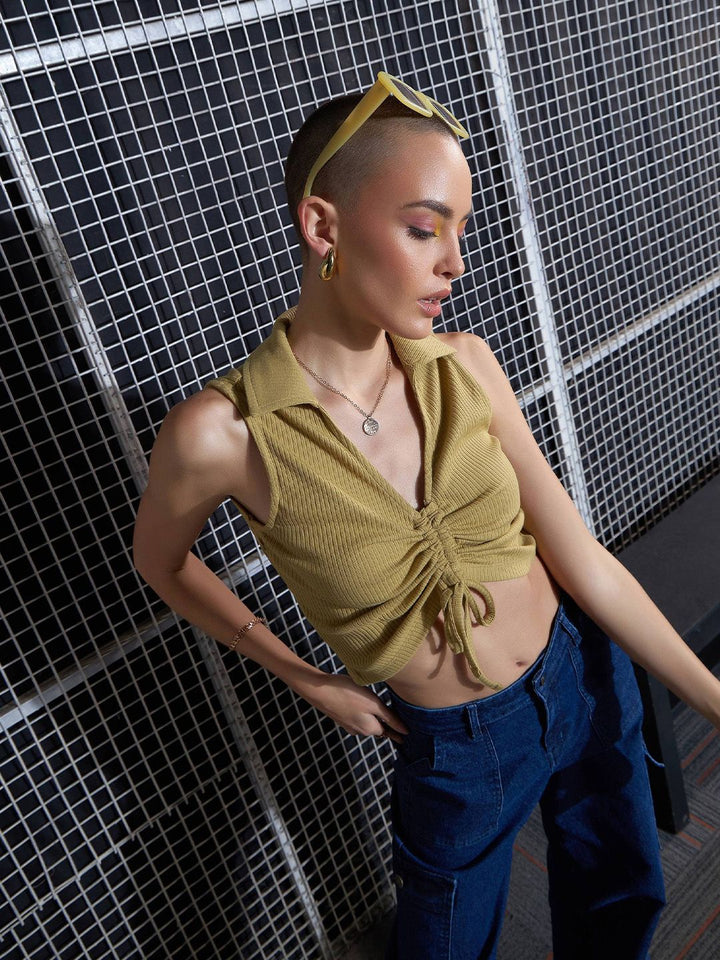 SASSAFRAS Khaki Lace-Up Shirt Style Crop Top