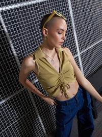 SASSAFRAS Khaki Lace-Up Shirt Style Crop Top