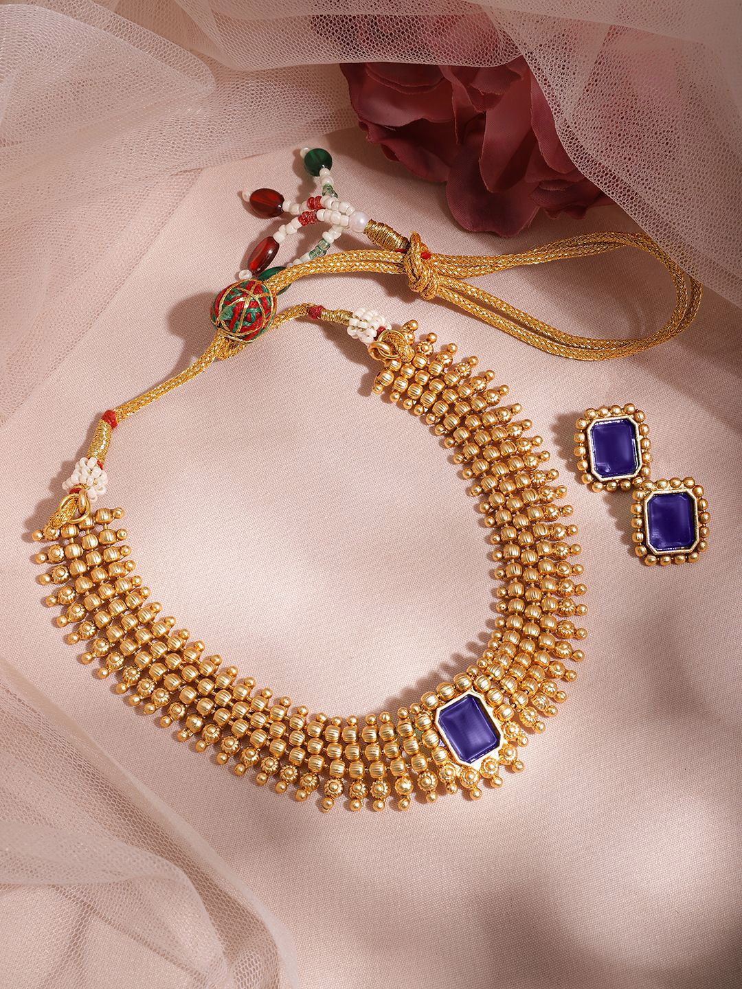 Rubans 22K Gold-Plated Blue Sapphire Studded Choker Necklace Set with Gold Beads