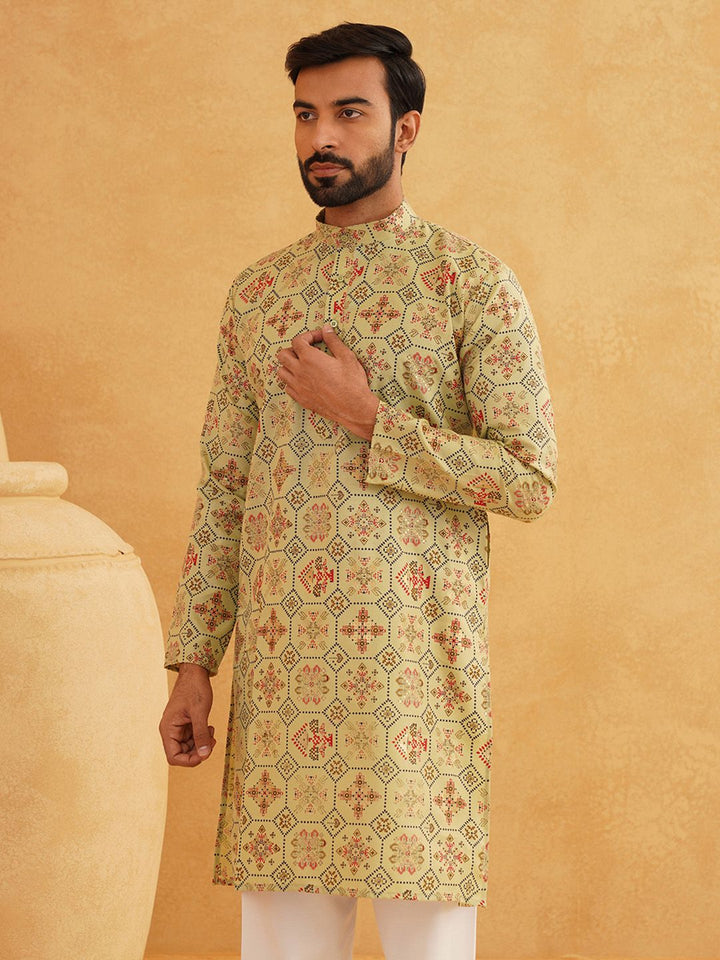 SOJANYA Geometric Printed Band Collar Leher Regular Cotton Straight Kurta