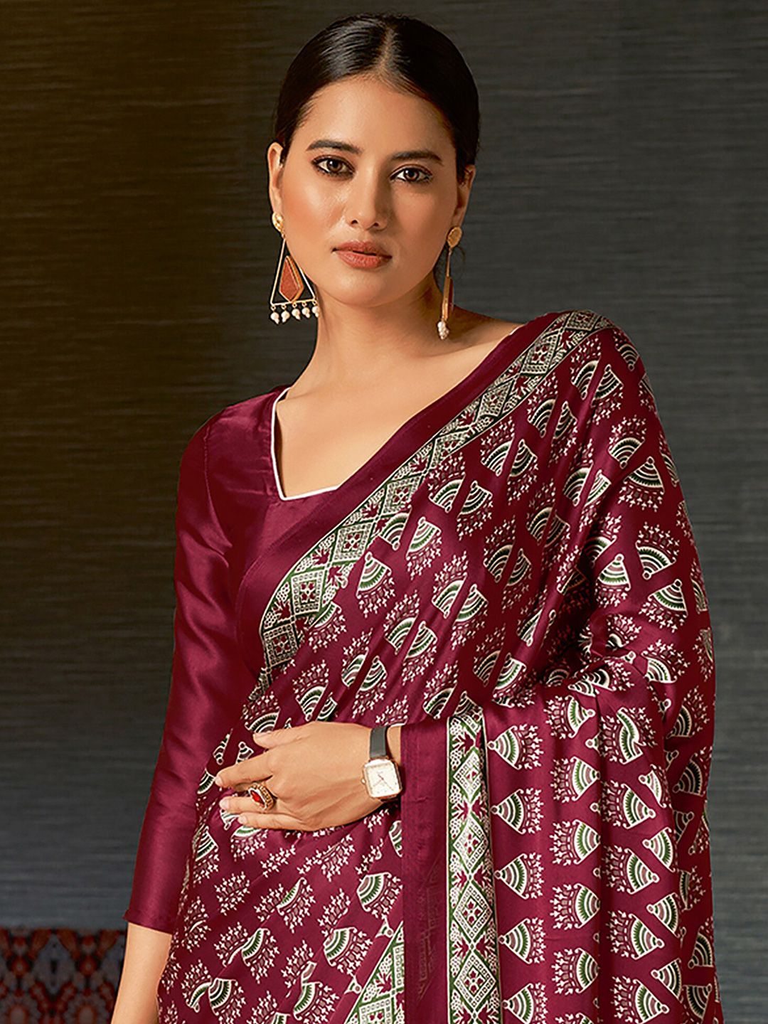 Saree mall Magenta Ajrak Block Printed Poly Crepe Saree