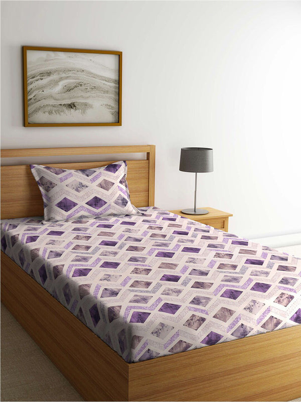 KLOTTHE Purple & White Printed 400 TC Pure Cotton Single Bedsheet With Pillow Cover