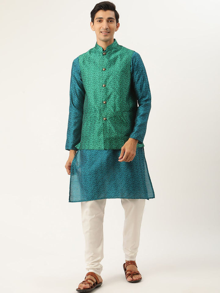 SOJANYA Men Teal Blue & Green Woven Design Kurta with Churidar & Nehru Jacket