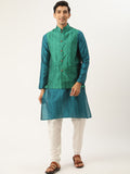 SOJANYA Men Teal Blue & Green Woven Design Kurta with Churidar & Nehru Jacket