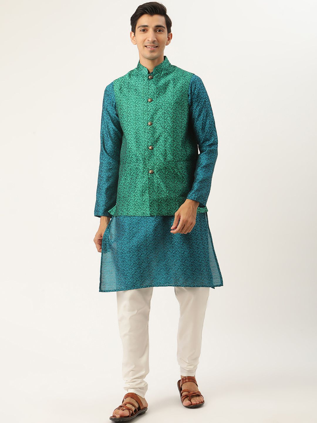 SOJANYA Men Teal Blue & Green Woven Design Kurta with Churidar & Nehru Jacket