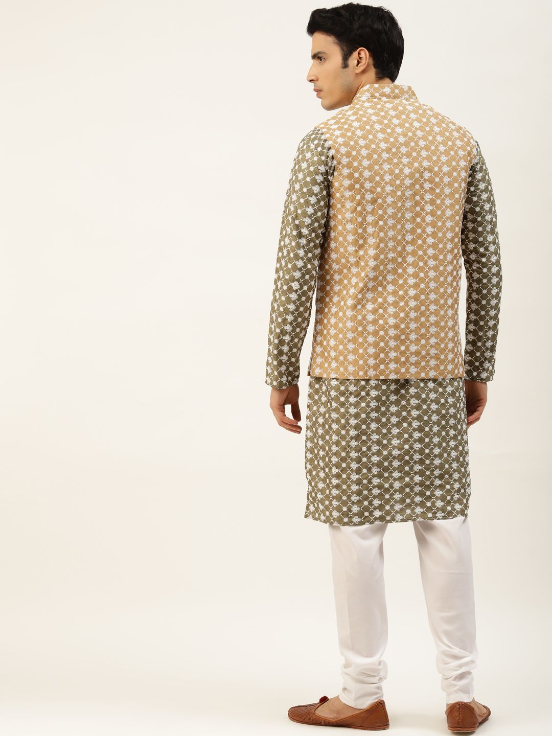 SOJANYA Lelaki Motif Etnik Zaitun Sulam Benang Kerja Kurta dengan Churidar