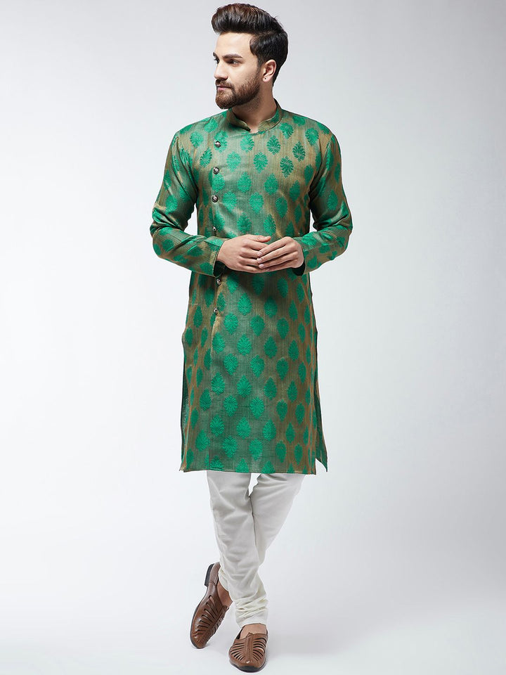 SOJANYA Kurta Lurus Bersulam Hijau & Beige Lelaki