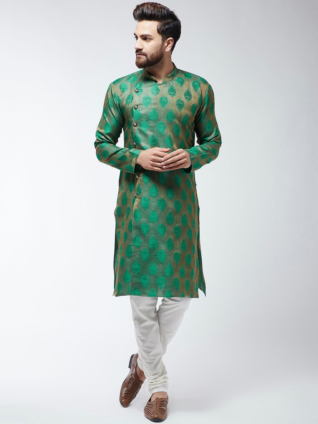 SOJANYA Kurta Lurus Bersulam Hijau & Beige Lelaki