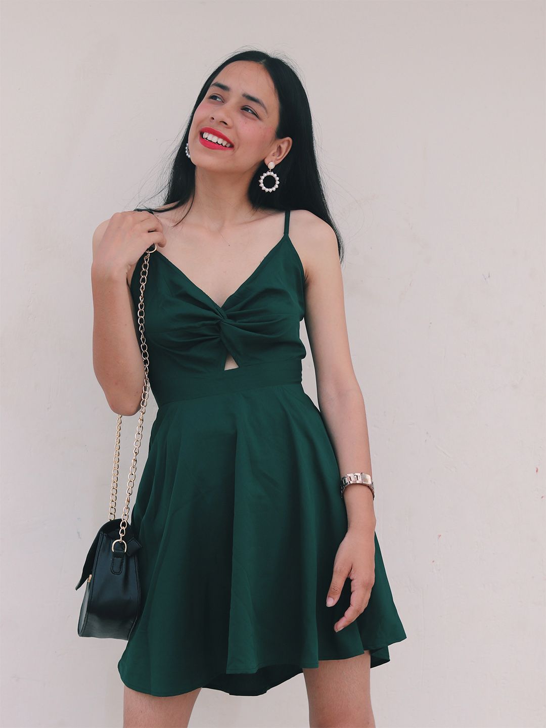 Berrylush Green Twisted Fit and Flare Dress with Cut-Outs
