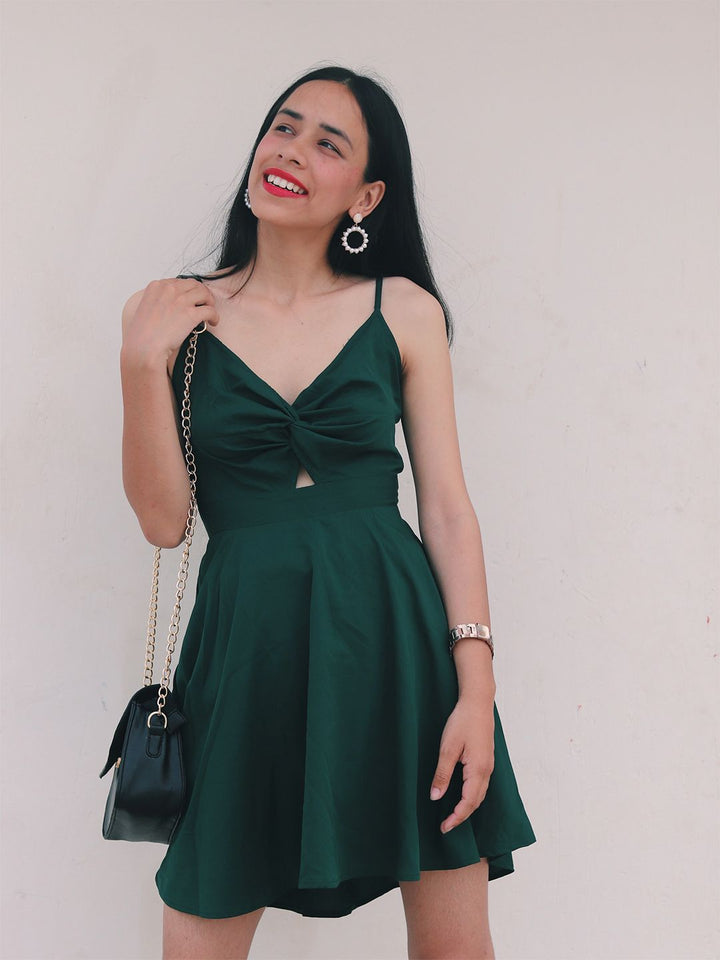 Berrylush Green Twisted Fit and Flare Dress with Cut-Outs