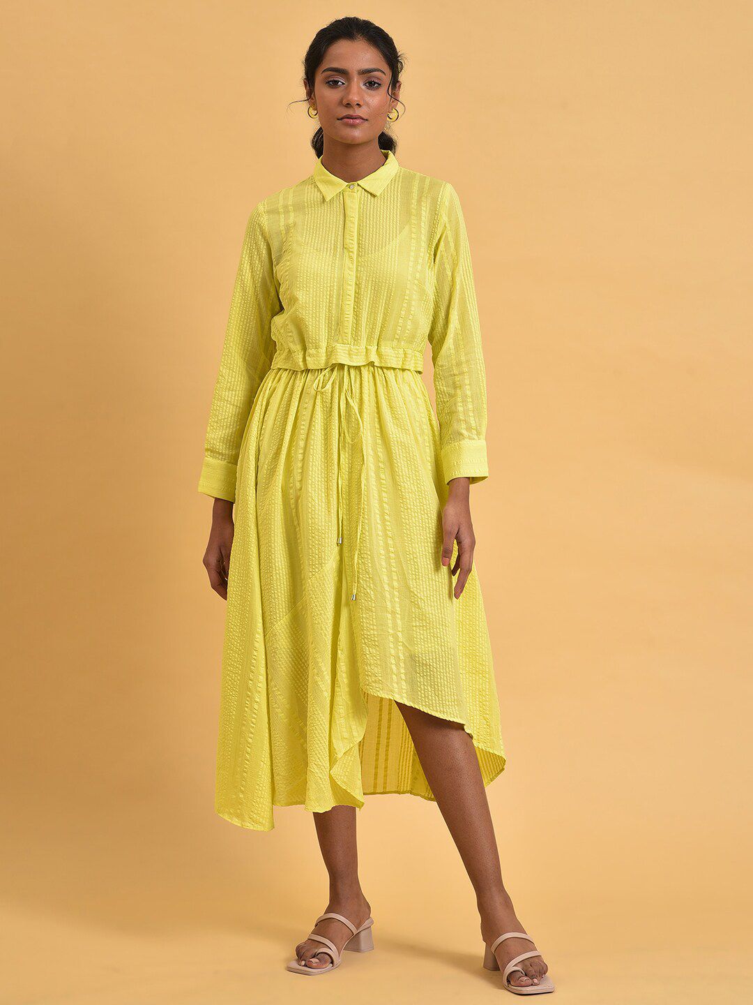 W Cuffed Sleeve Shirt Midi Cotton Dress