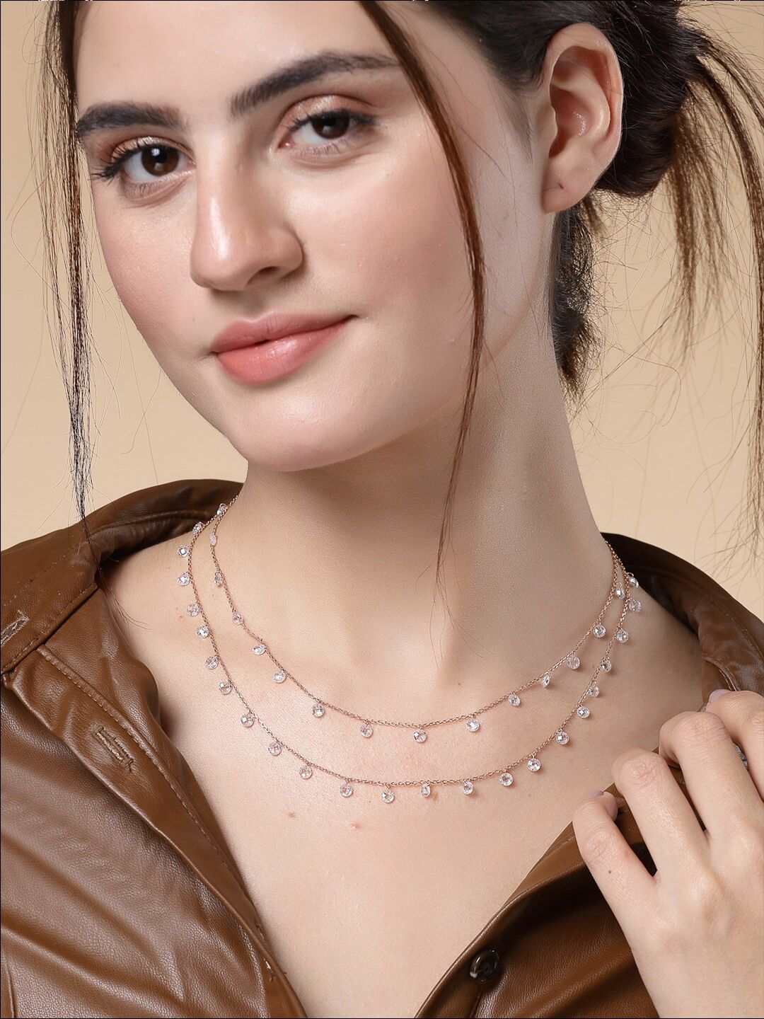 PRIONI 925 Sterling Silver Rose Gold-Plated CZ Beads Necklace