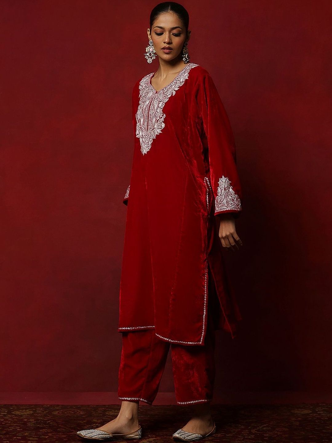 House of Chikankari Women Red Velvet Tilla Embroidered Kurta Set