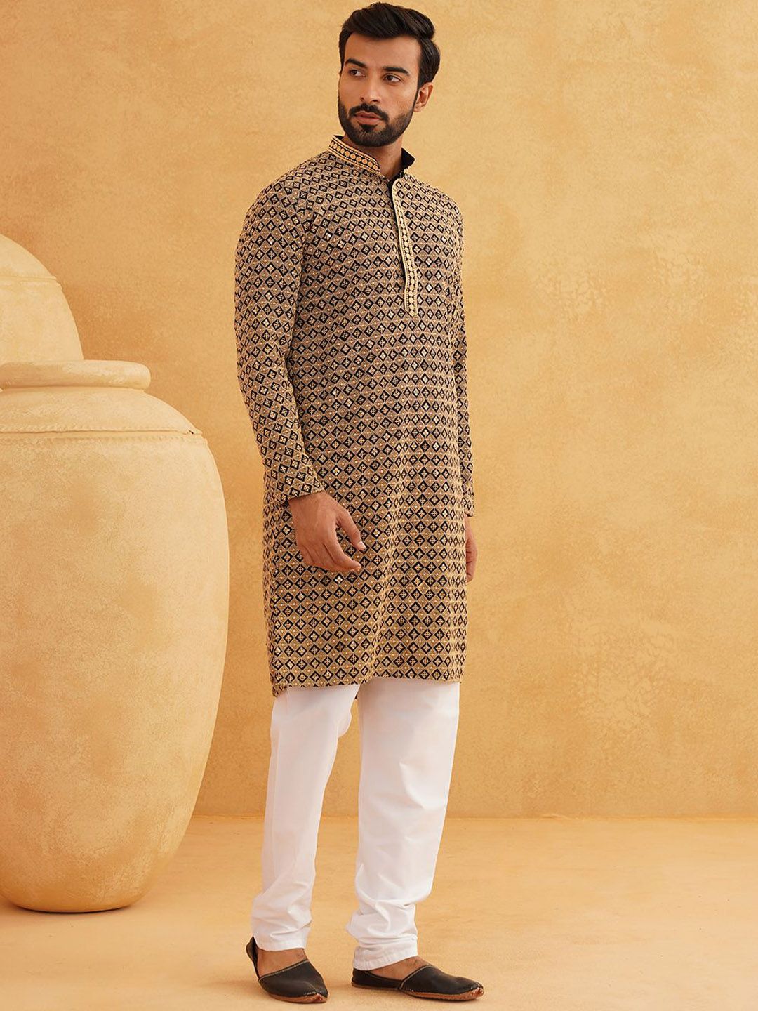 SOJANYA Geometric Embroidered Regular Sequinned Pure Cotton Kurta With Churidar