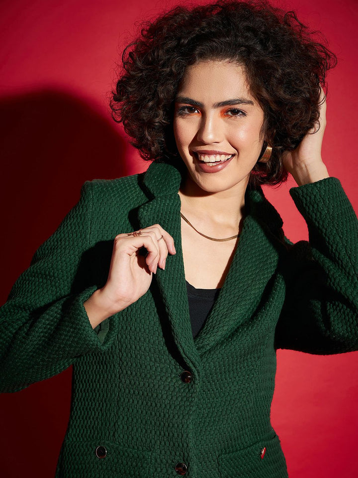 SASSAFRAS Green Self Design Notched Lapel Collar Pure Cotton Single-Breasted Blazer