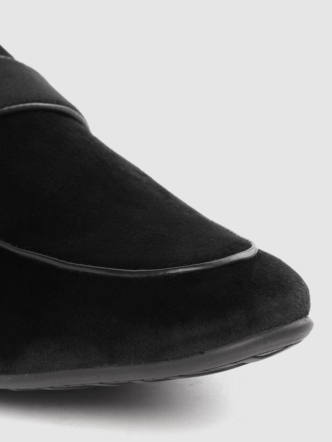 House of Pataudi Men Black Velvet Finish Handcrafted Slip-Ons