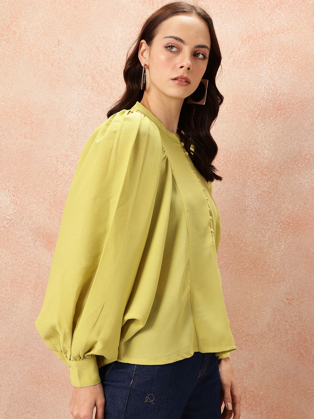 all about you Mandarin Collar Bishop Sleeves Shirt Style Top