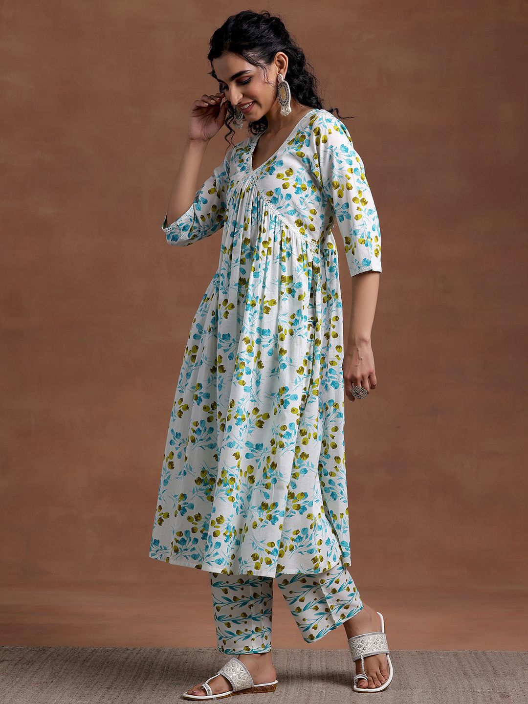Libas V Neck Floral Printed Pleated Pure Cotton A Line Kurta with Palazzo & Dupatta