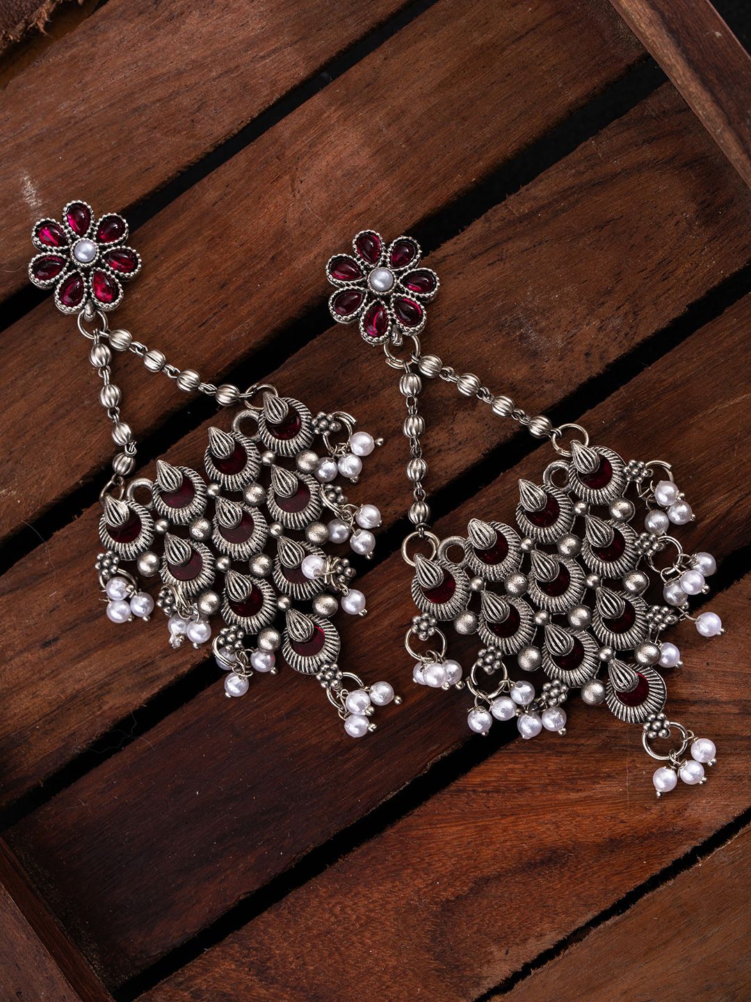PANASH Silver-Plated Stones Studded And Beaded Contemporary Shaped Oxidized Drop Earrings