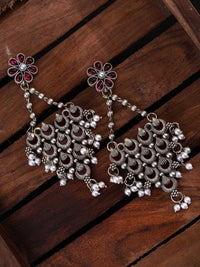 PANASH Silver-Plated Stones Studded And Beaded Contemporary Shaped Oxidized Drop Earrings