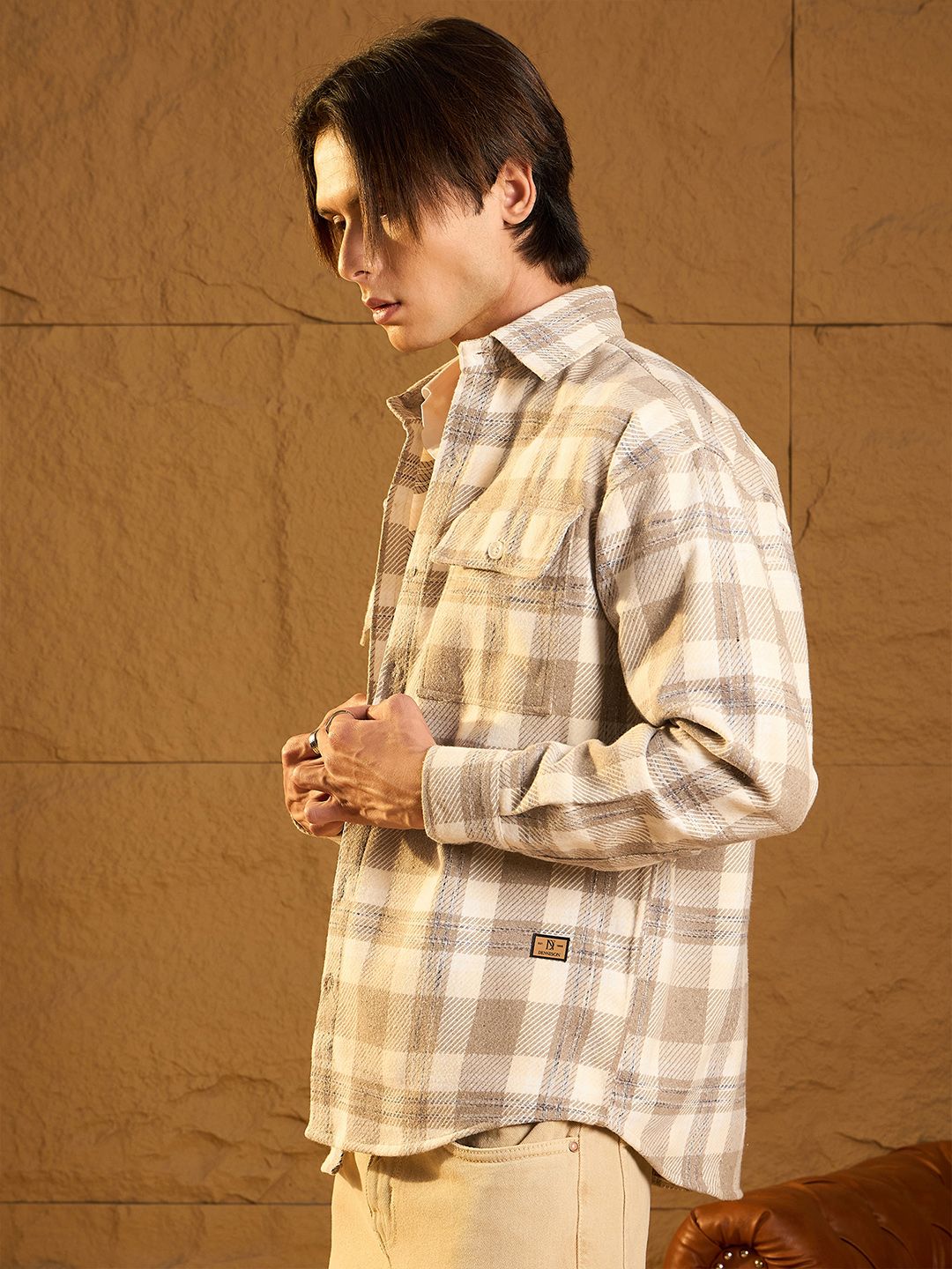 DENNISON Men Double Pocket Drop Shoulder Oversized Cotton Checked Shacket