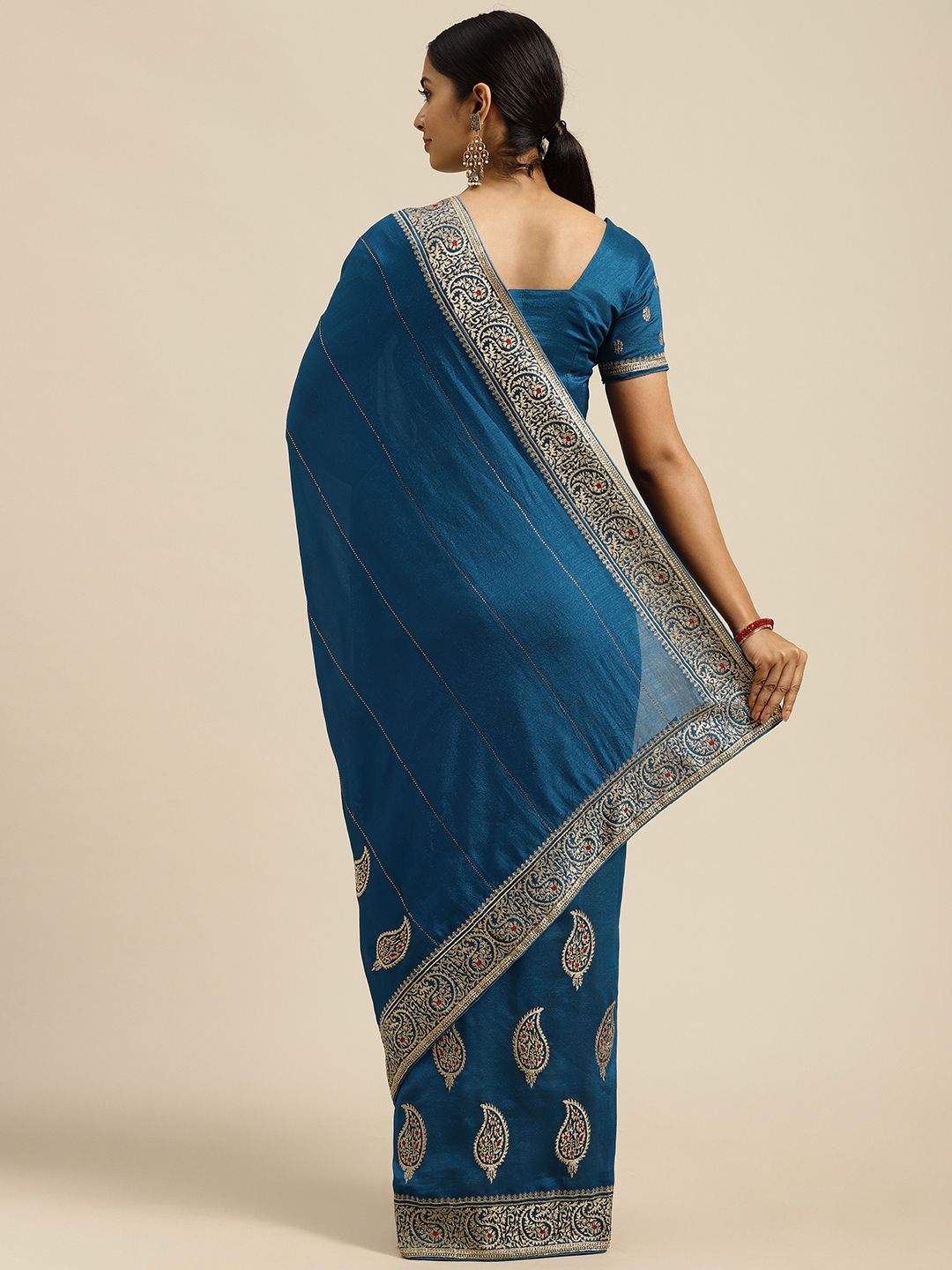Saree mall Teal Silk Blend Vichitra Ethnic Embelished Party Sarees