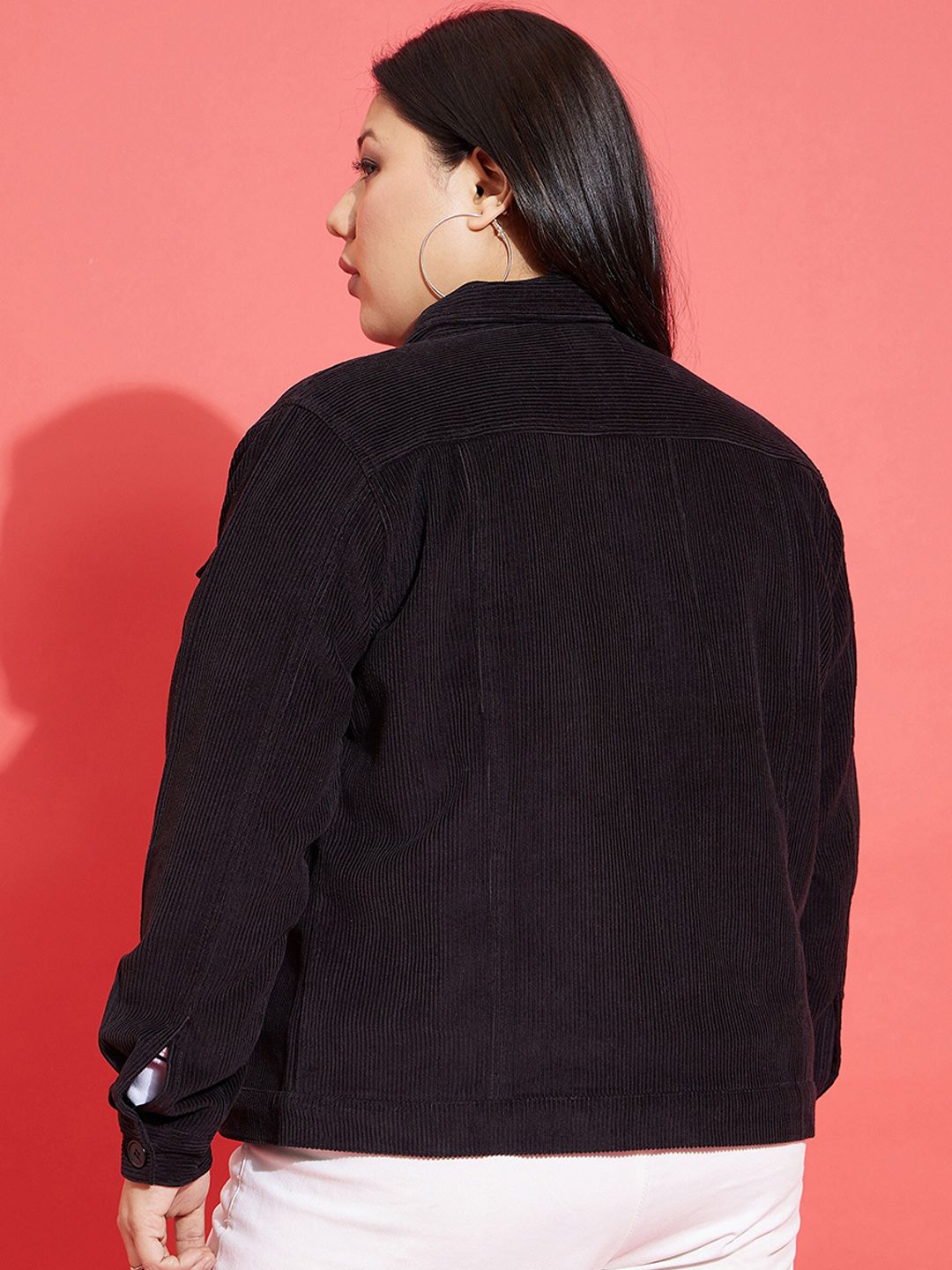 SASSAFRAS Curve Plus Size Black Spread Collar Corduroy Jacket