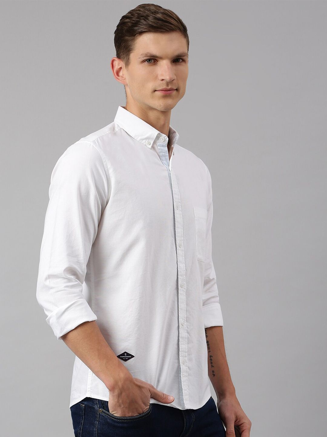 Thomas Scott Men White Slim Fit Cotton Casual  Shirt