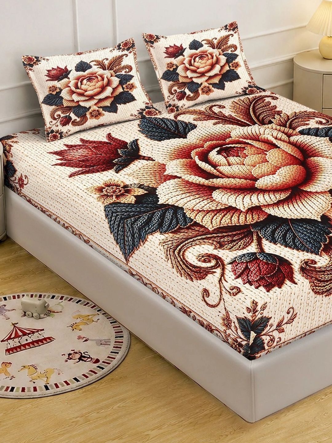 KLOTTHE Berwarna Bunga 400 TC Cadar King dengan 2 Sarung Bantal