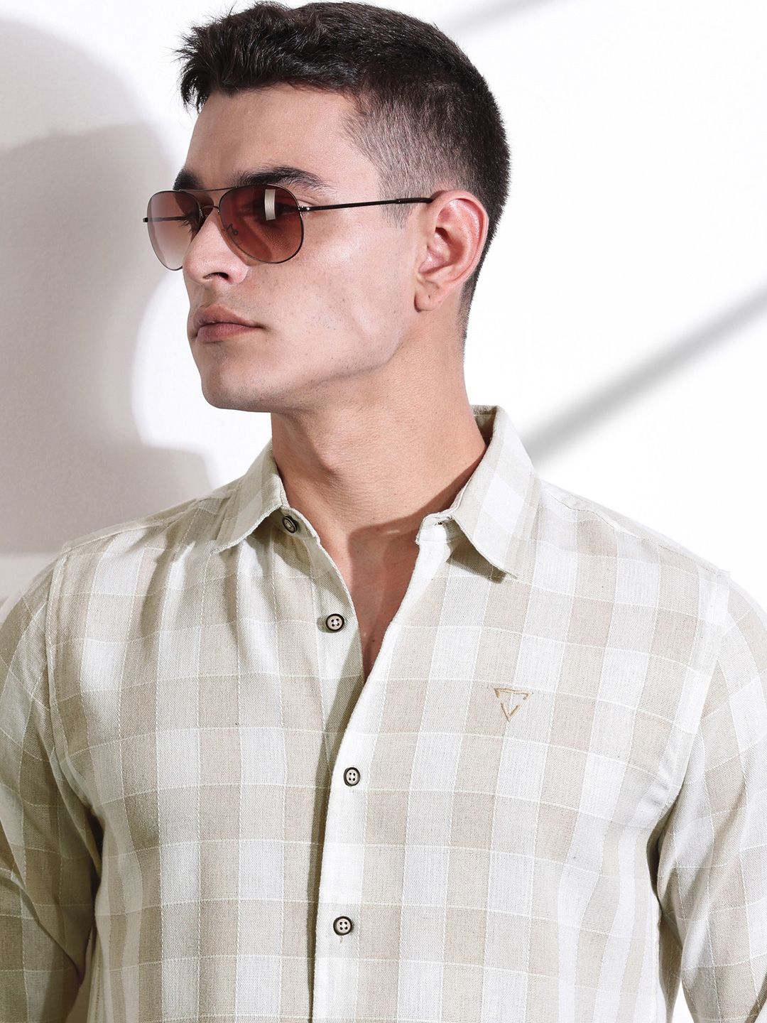 Thomas Scott Men Classic Slim Fit Spread Collar Windowpane Checked Cotton Casual Shirt