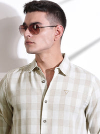 Thomas Scott Men Classic Slim Fit Spread Collar Windowpane Checked Cotton Casual Shirt