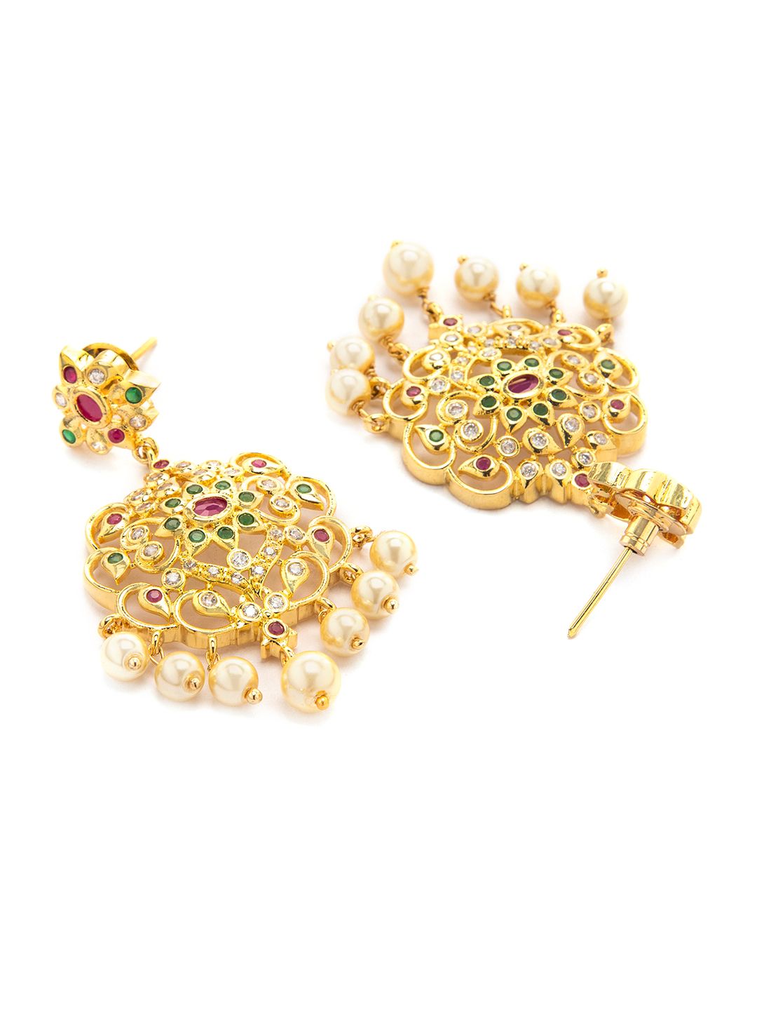 Rubans 22K Gold-Plated Ruby & CZ Studded Multistand Jewellery Set with Pearl Accents
