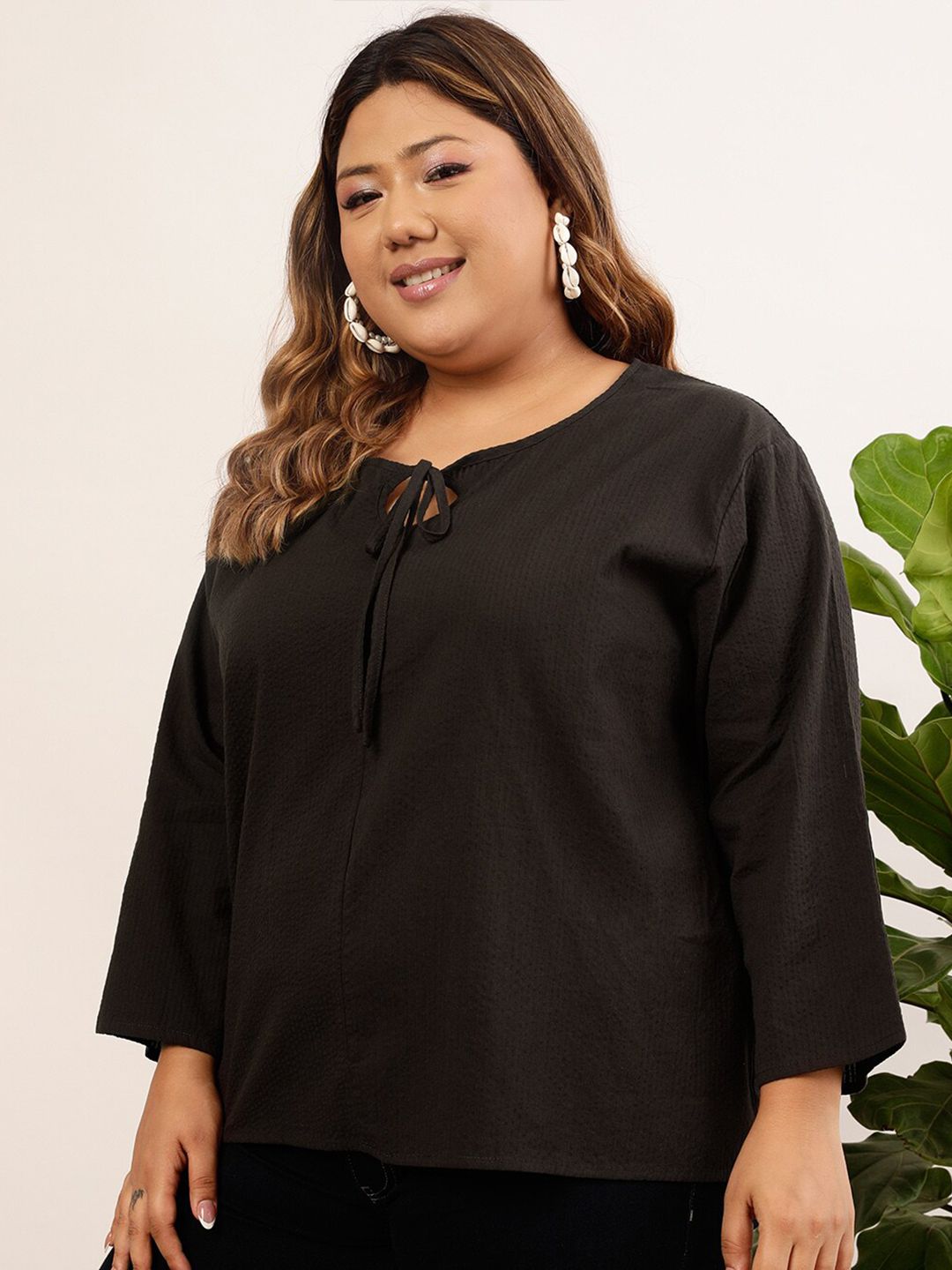 CURVY STREET Plus Size Black Tie-Up Neck Top