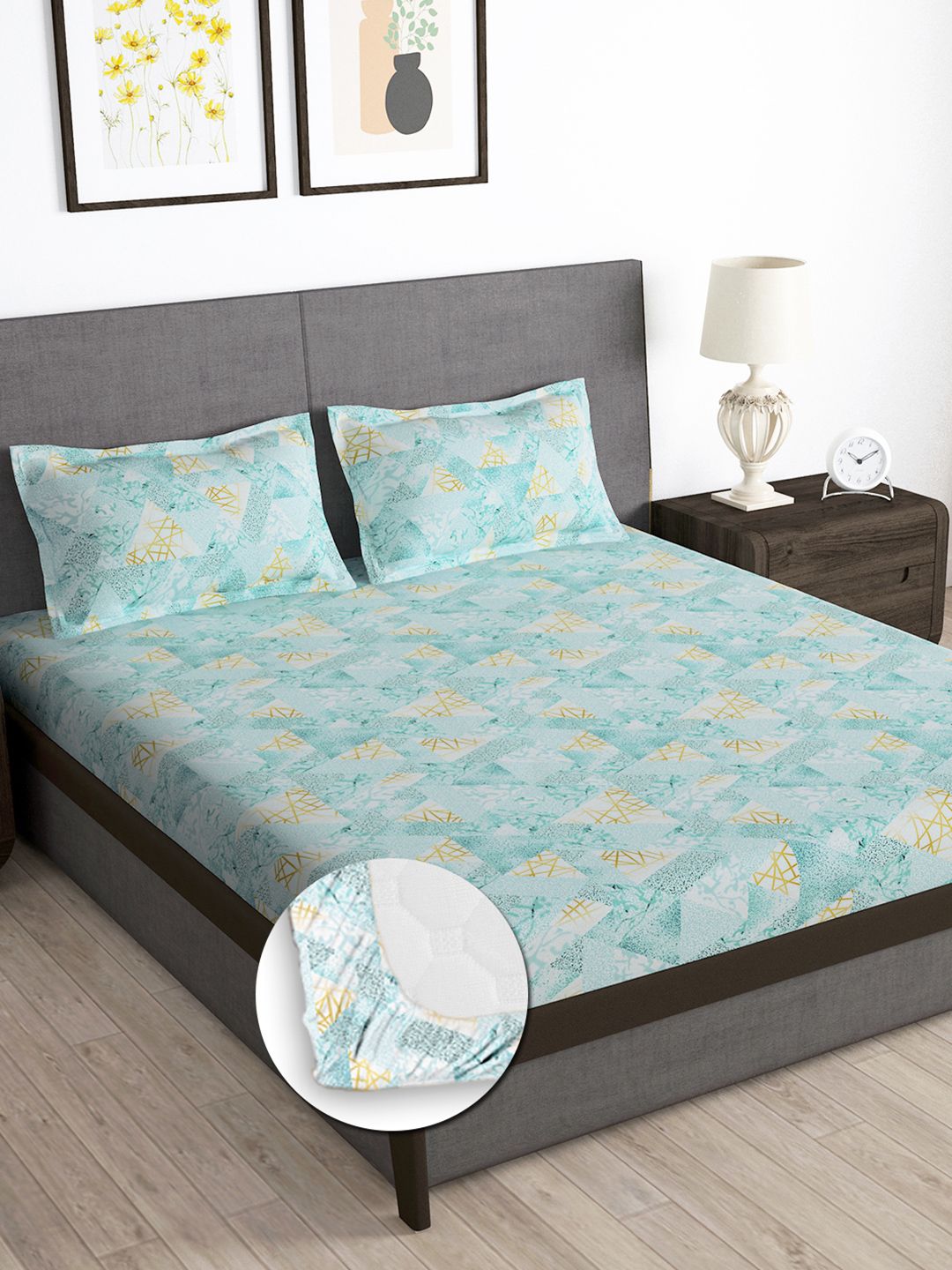 Story@home Aqua Blue 180 TC Abstract Queen Fitted Bedsheet With 2 Pillow Covers