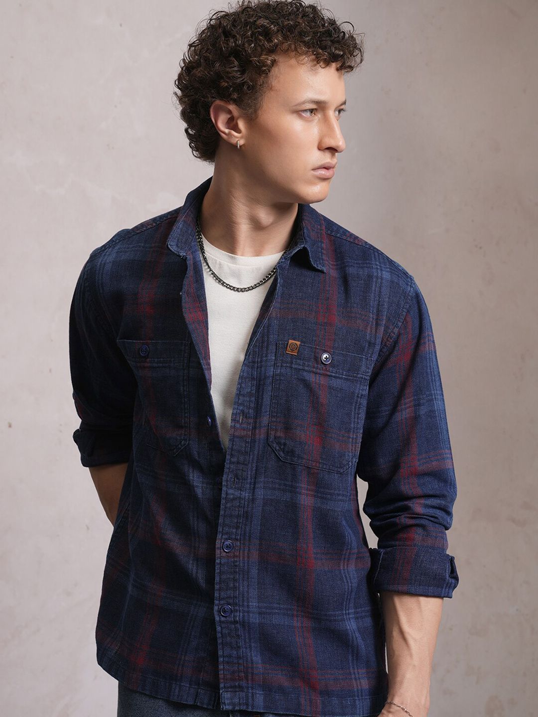LOCOMOTIVE Premium Indigo Dobby Textured Checked Utility Pocket Overshirt