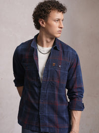 LOCOMOTIVE Premium Indigo Dobby Textured Checked Utility Pocket Overshirt