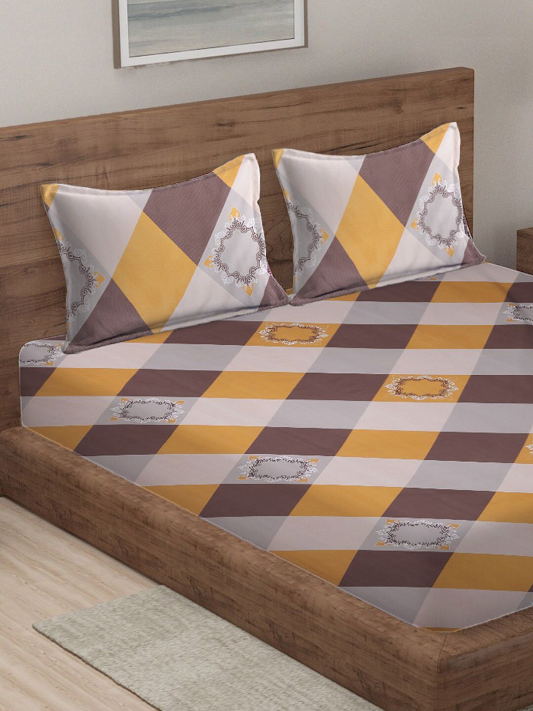KLOTTHE Berbilang Warna Kapas Geometrik 300 TC Cadar King Halus dengan 2 Sarung Bantal-98 x 89 inci